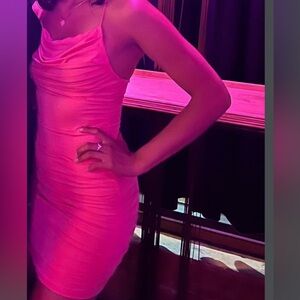 Pretty pink body con ruched dress with cross strap back